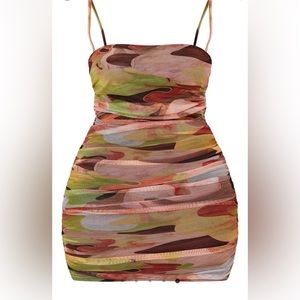 Shape Green Abstract Print Mesh Cut Out Ruched Bodycon Dress